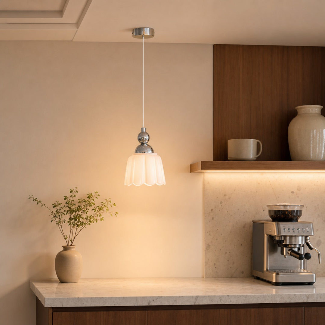 White ceramic pendant lamp above a kitchen counter