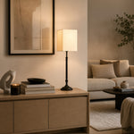Load image into Gallery viewer, Square fabric shade table lamp on a console in a living room