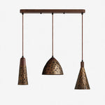 Bild in Gallery-Viewer laden, Mixed three-light hammered copper pendant on walnut ceiling base
