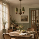 Charger l'image dans la visionneuse de galerie, 3-light Hour Rho chandelier in green velvet styled in a warm interior