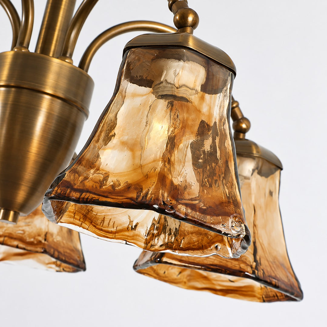 Brass and Amber Glass Semi-Flush Ceiling Light