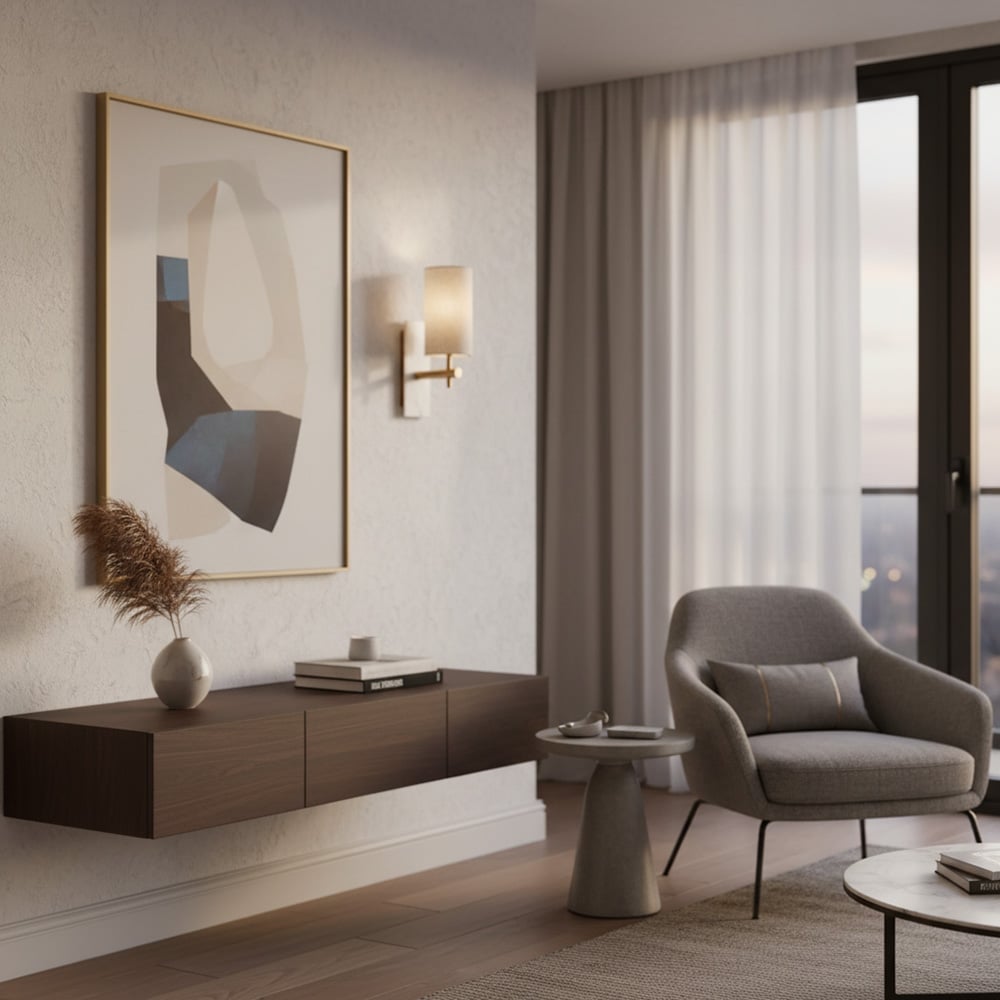 Mavora Linen Shade Wall Lamp with Stone Back Plate – Elegant Bedroom Wall Light