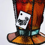 Load image into Gallery viewer, Amber yellow shade detail with card panel and decorative metalwork
