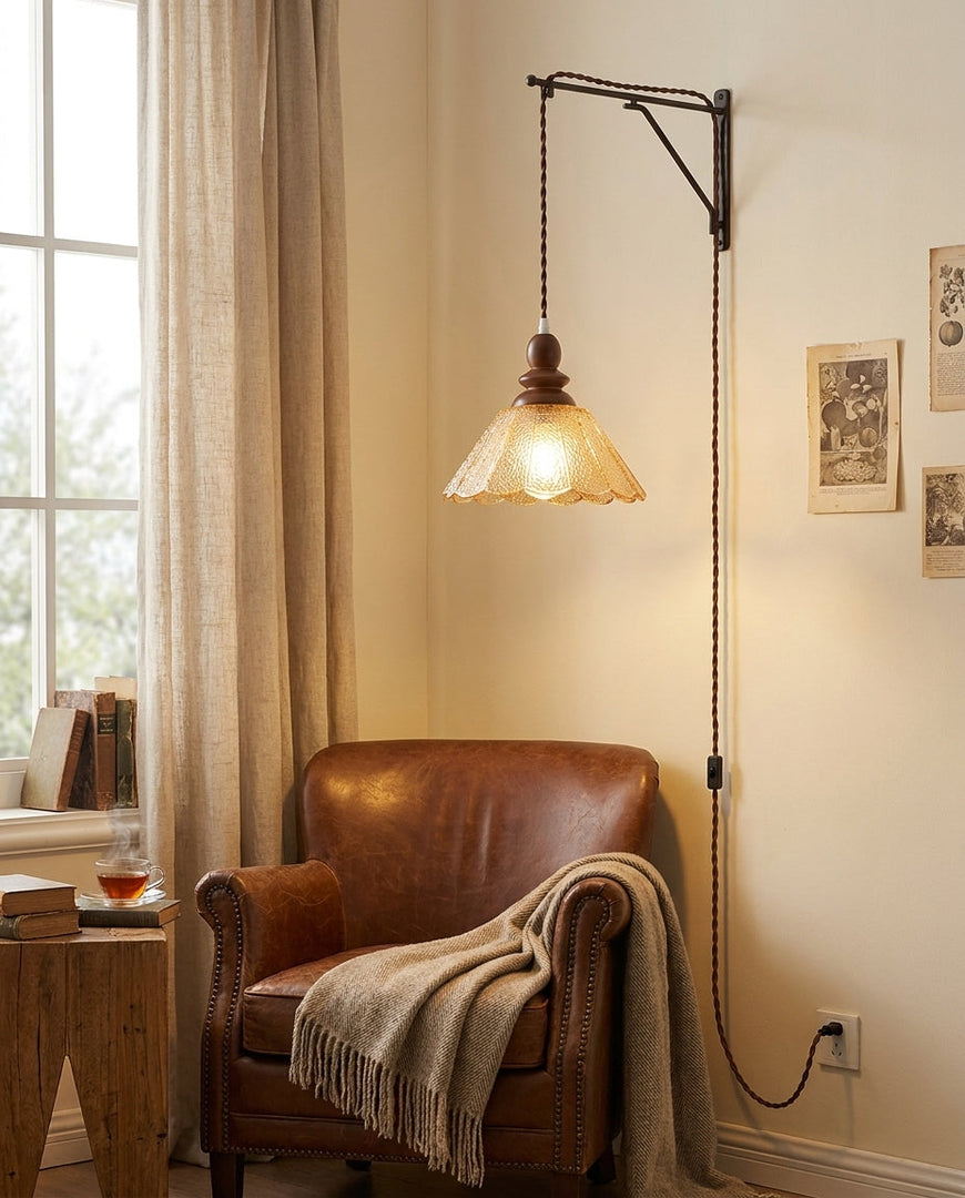 Natural Wood And Glass Plug-In Pendant