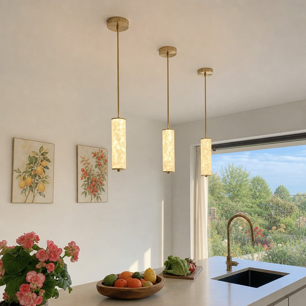 Nacrelith Capiz Shell Cylinder Brass Pendant Light - Nordic Bedroom Lighting