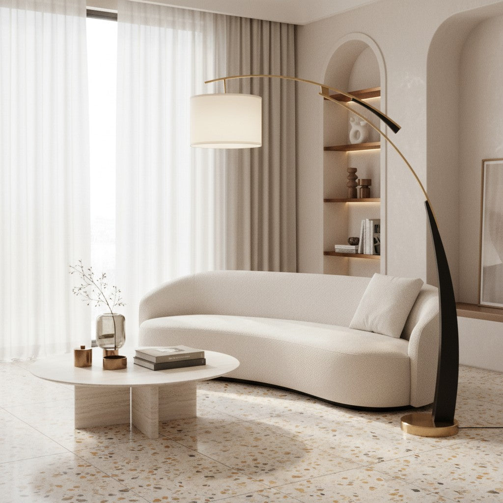 Lampadaire Moderne AstraLoop à Arc en Tissu - Design Élégant et Courbé en Métal pour Intérieurs