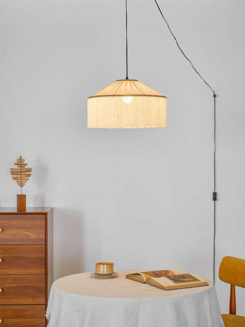 Beige Pleated Fabric Fringe Plug-In Pendant