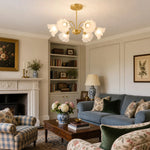 Cargar imagen en el visor de la Galería, Six-arm floral glass chandelier installed in a traditional living room