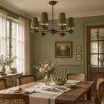 Charger l'image dans la visionneuse de galerie, 6-light Hour Rho chandelier in green velvet styled in a warm interior