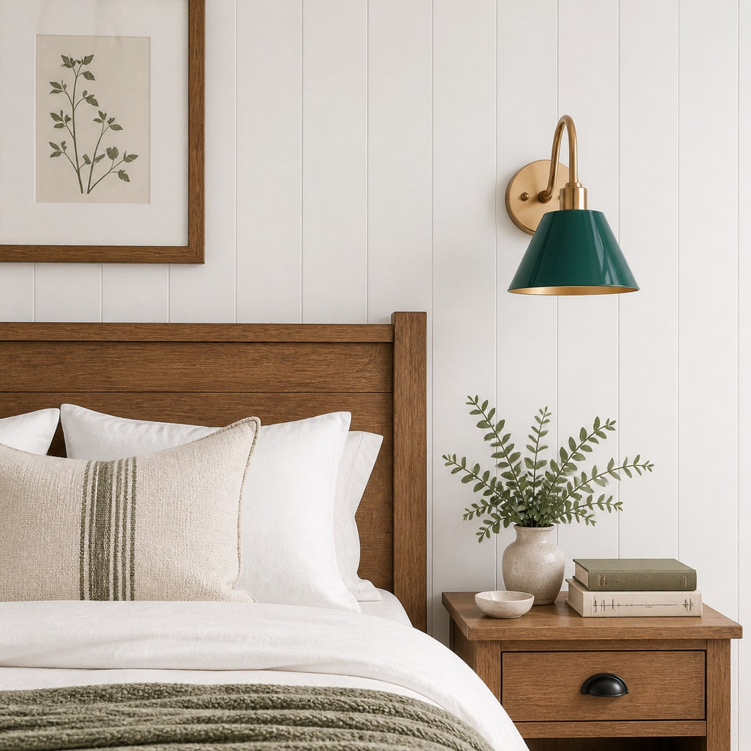 Industrial Modern Tapered Brass Gooseneck Sconce with Metal Silhouette
