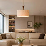 Cargar imagen en el visor de la Galería, Natural linen drum pendant lamp in a warm living room