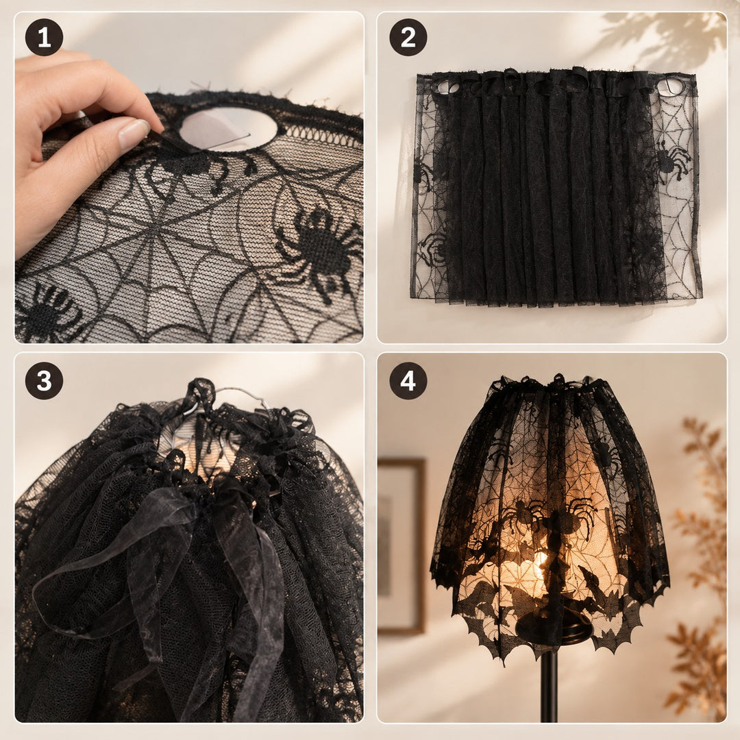 Halloween Black Lace Spider & Bat Lampshade Cover