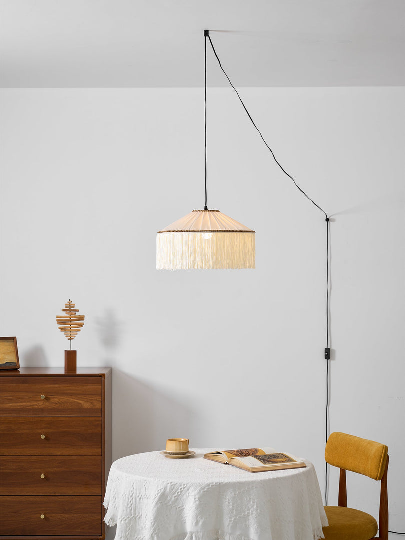 Beige Pleated Fabric Fringe Plug-In Pendant