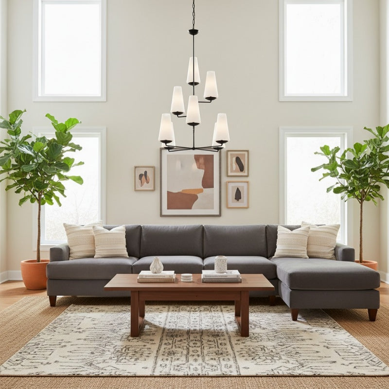 Lustre vertical à plusieurs têtes en étages Rowan - Métal moderne et tissu pour salons et halls d'entrée