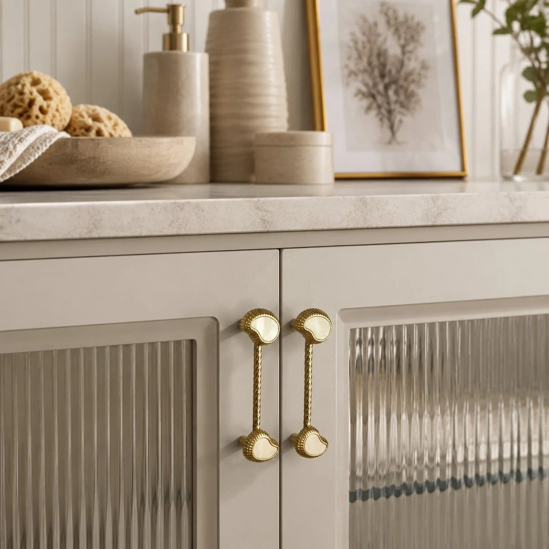 French Vintage Cashew Shell Brass Cabinet Knobs and Pulls - image 22