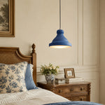Load image into Gallery viewer, Blue metal pendant lamp beside a bedroom scene