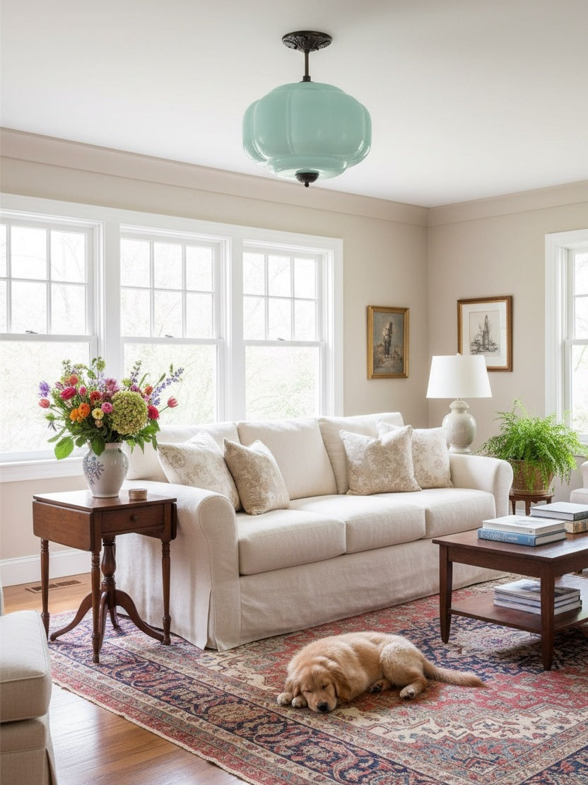 Vintage Milk Glass Semi Flush Mount Eloise Pendant Light