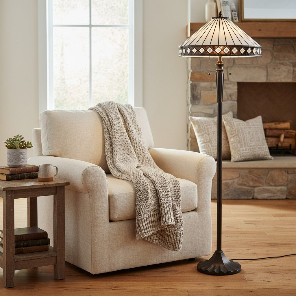 TF Geometric Stained Glass Table Lamp with Amber and Cream Panels – Tiffany Style Accent Lamp for Bedroom and Study