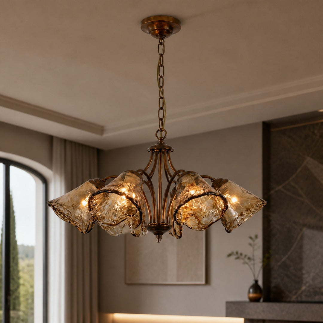 Downward Amber Tulip Glass Brass Chandelier