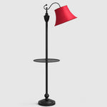 Load image into Gallery viewer, Full view of vintage black arc floor lamp with burgundy fabric shade and round side table