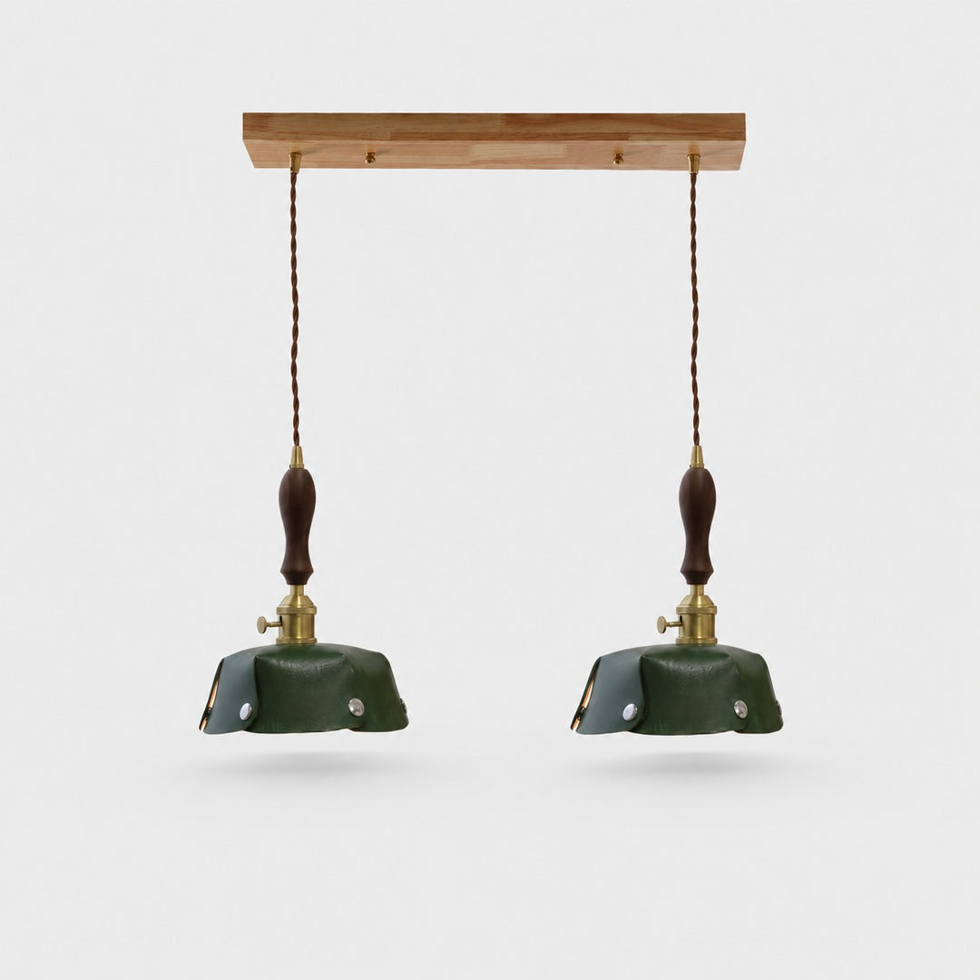 2-Light Linear Pendant Deep Green Leather Bar 50 cm / 19.7 in; Shade Dia. 25 cm / 9.8 in