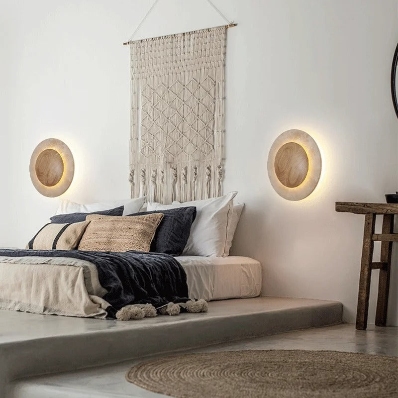 Round Travertine Wood Wall Light