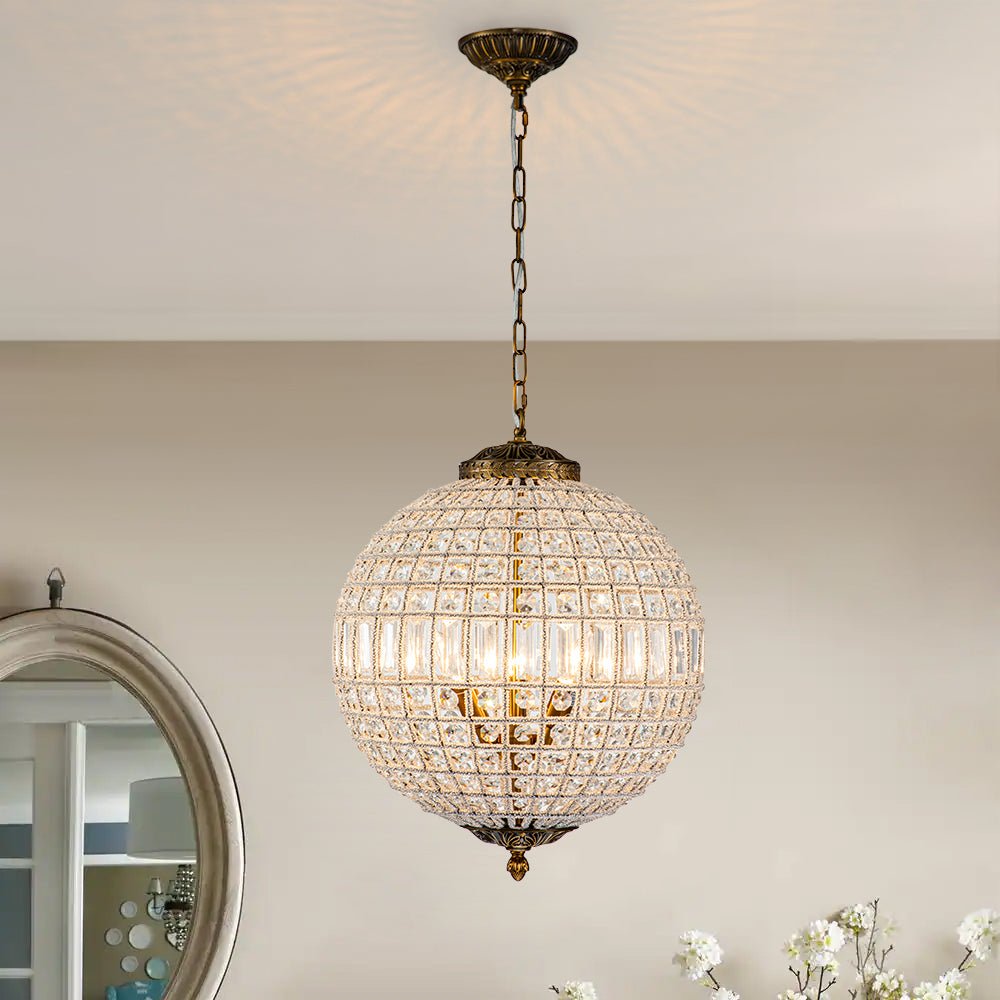 Lustre globe en cristal vintage luxueux avec finition en laiton antique