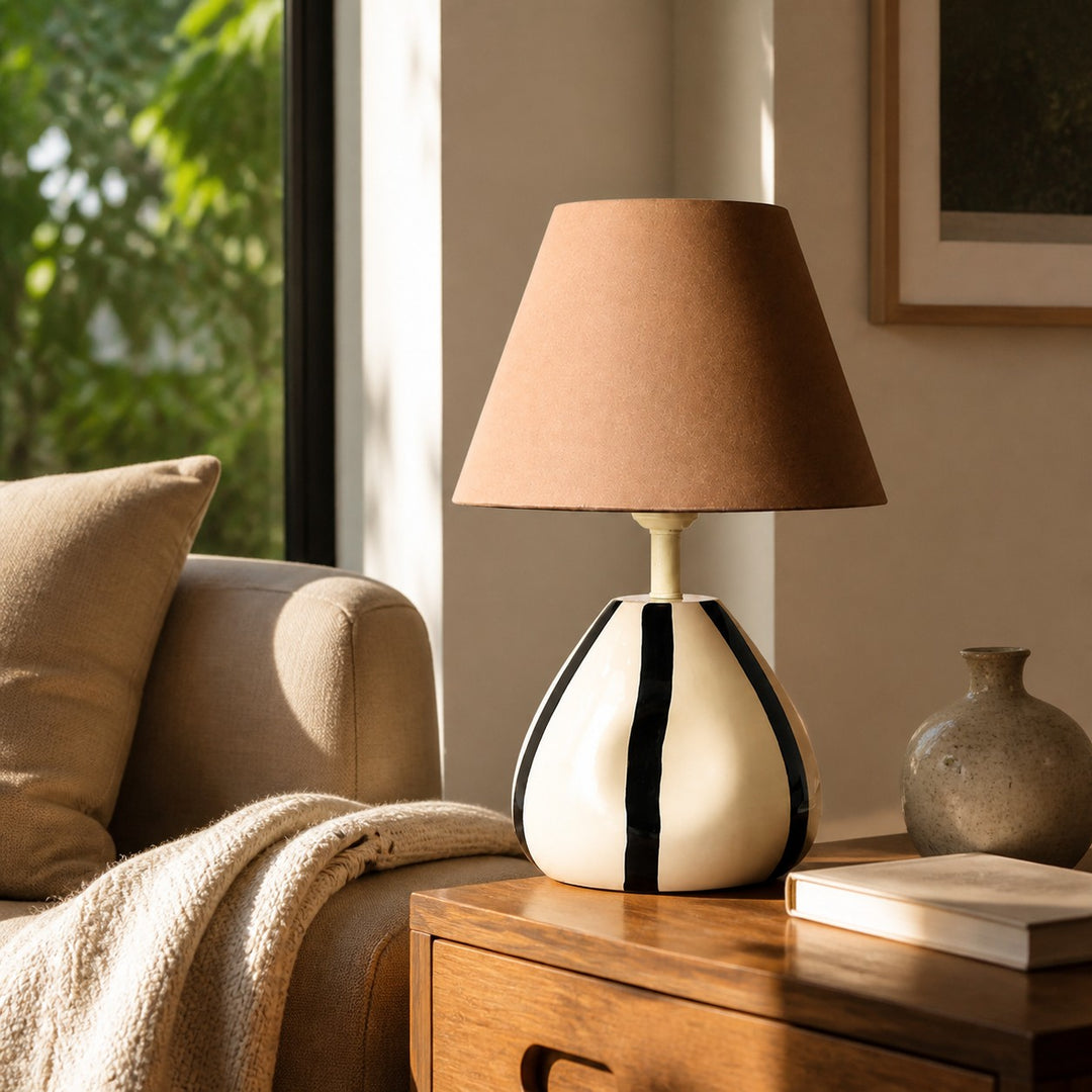 Sculptural Striped Ceramic Table Lamp with Fabric Shade