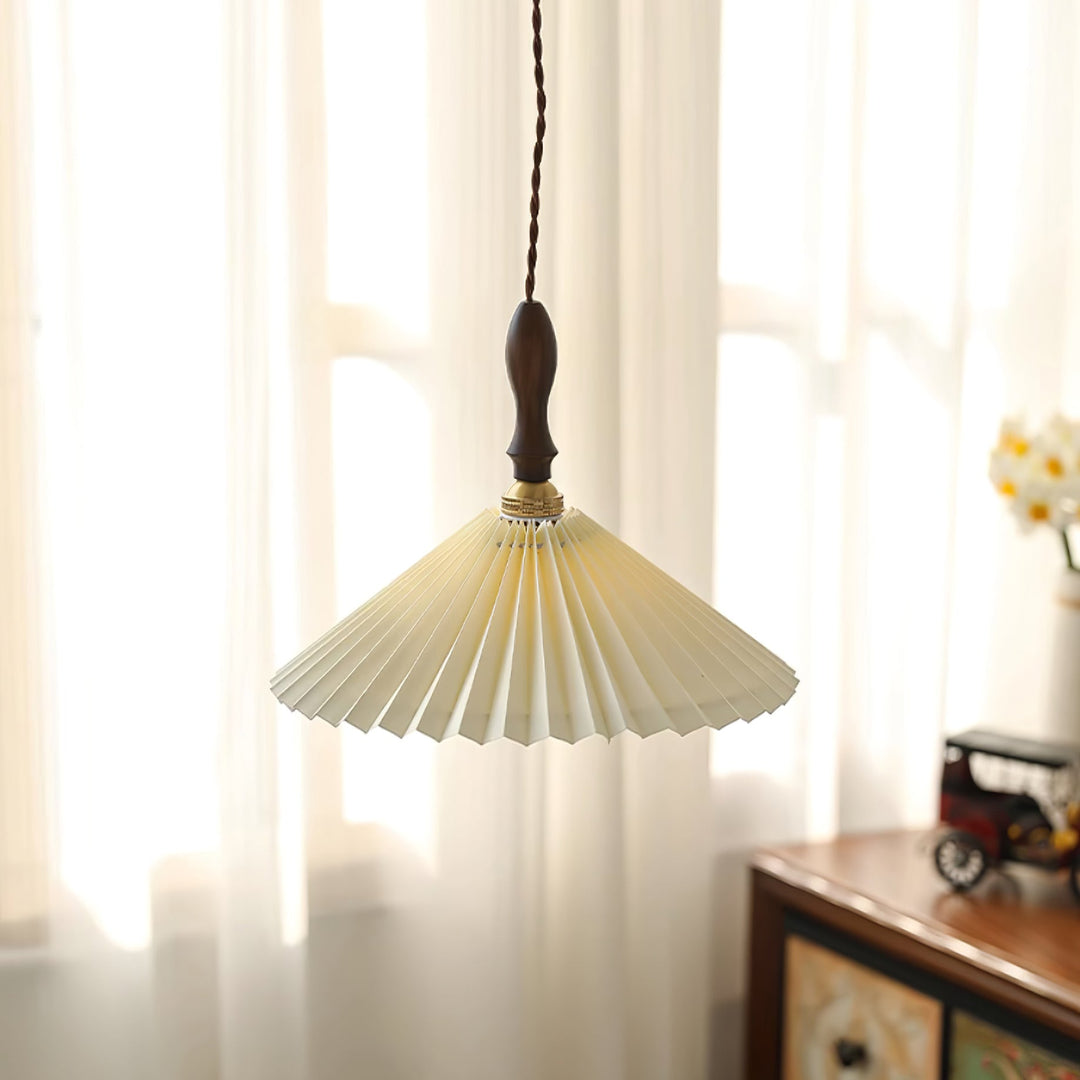 White Fabric Walnut Brass Plug-In Pendant