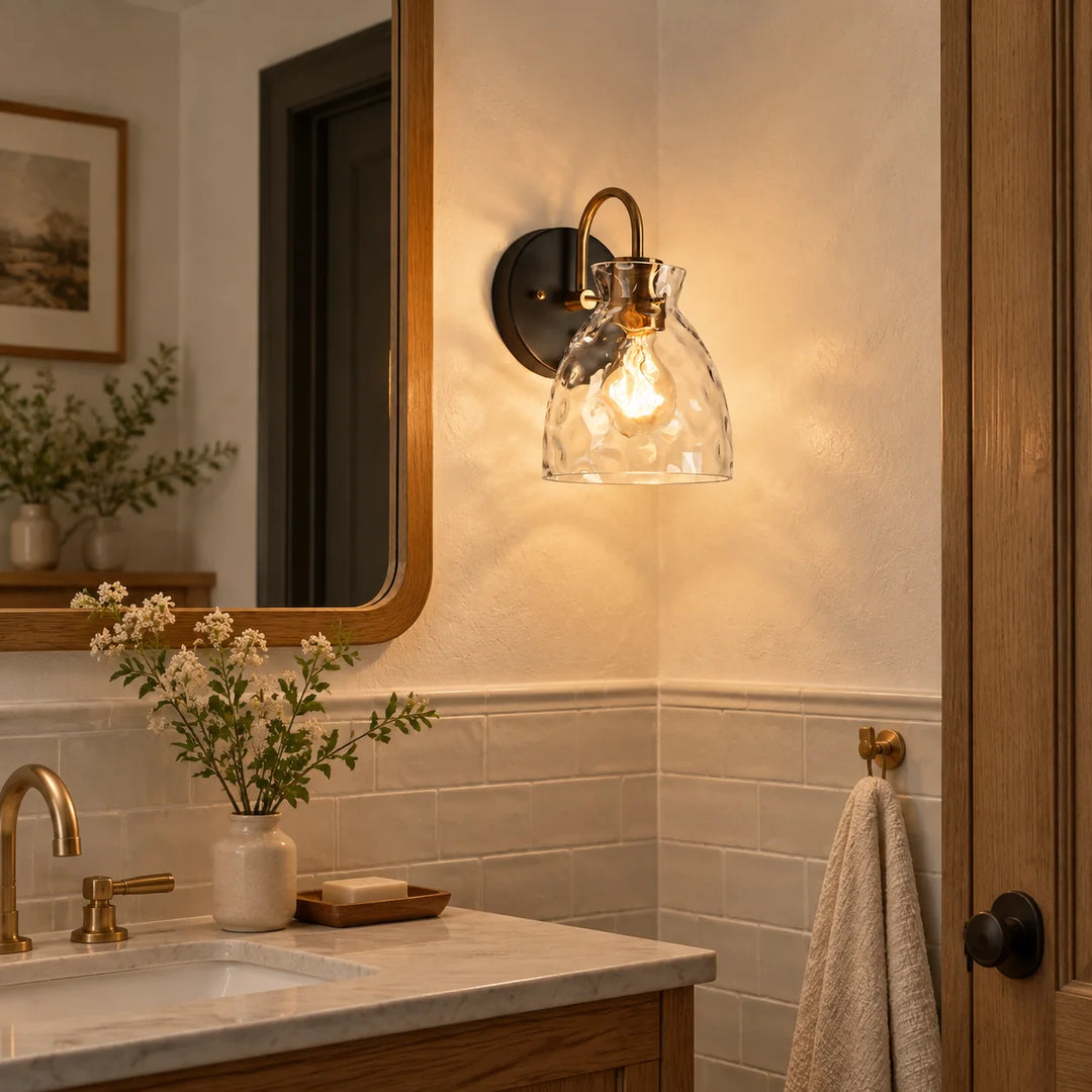 Textured Glass Wall Sconce with a curved arm and a visible bulb - New2609-1024567 scene 3