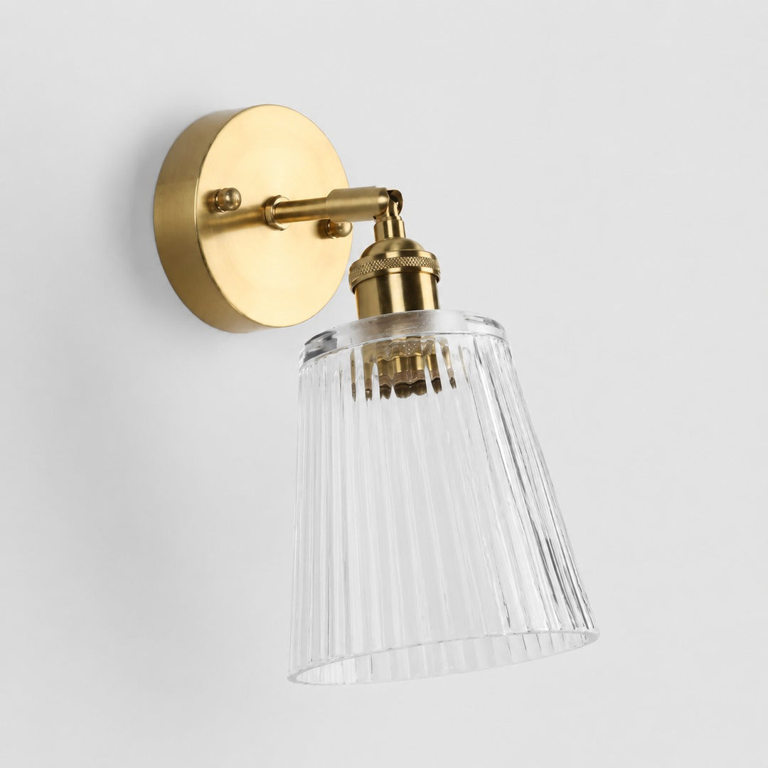 Clear glass wall light with brass arm, MZ shade 12 cm high and 13 cm diameter