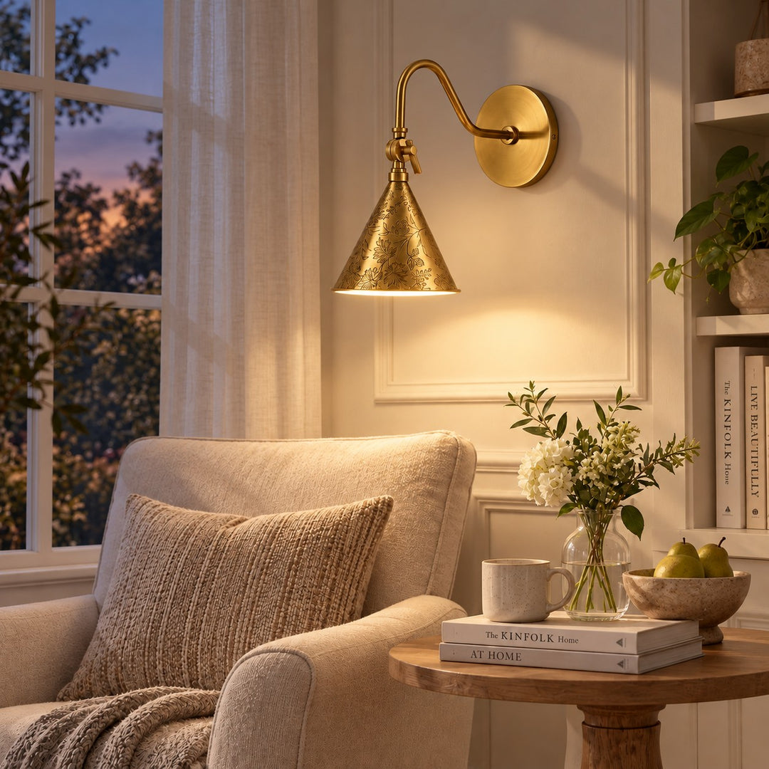 Living chair, brass-finish cone, lights on
