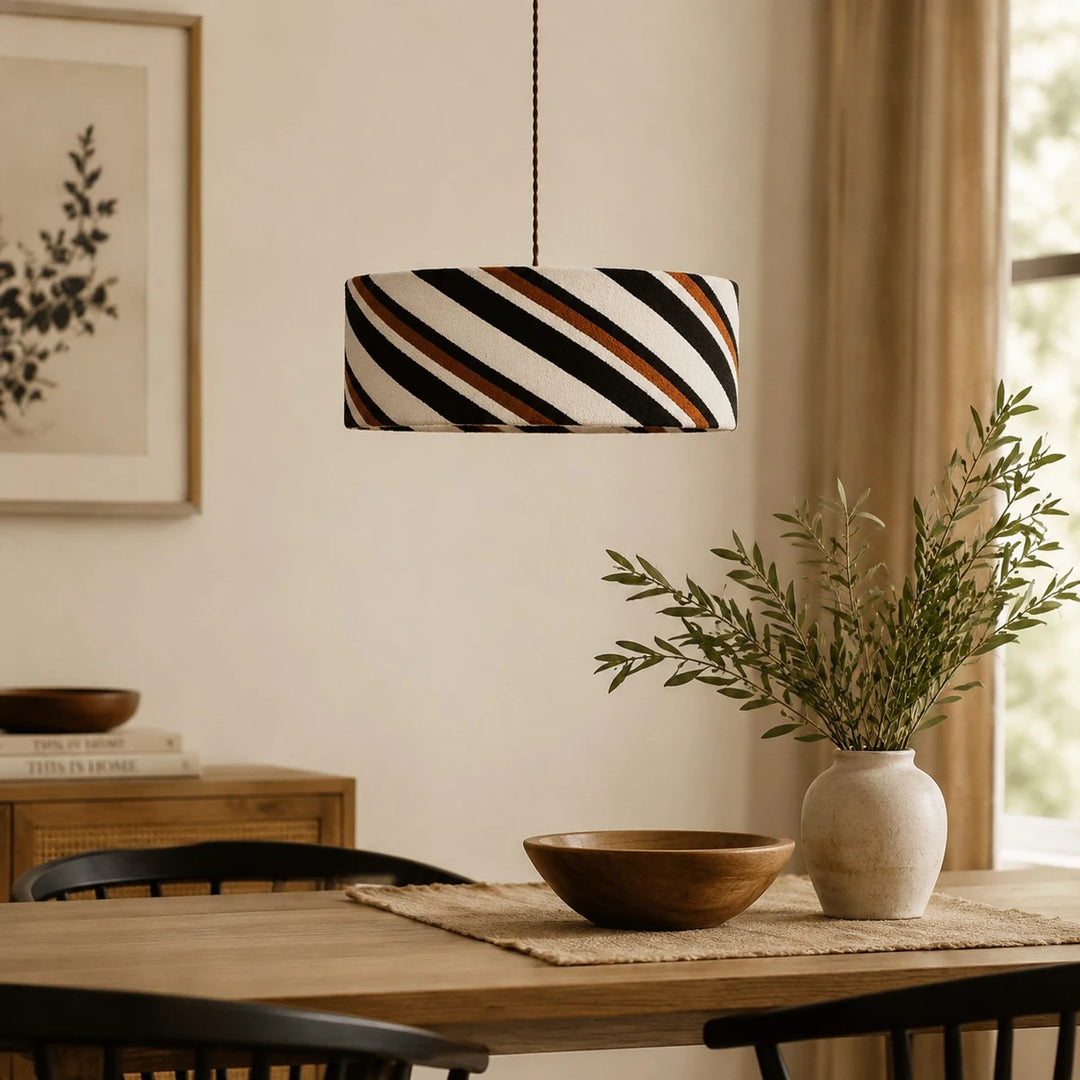 Striped fabric pendant light room detail