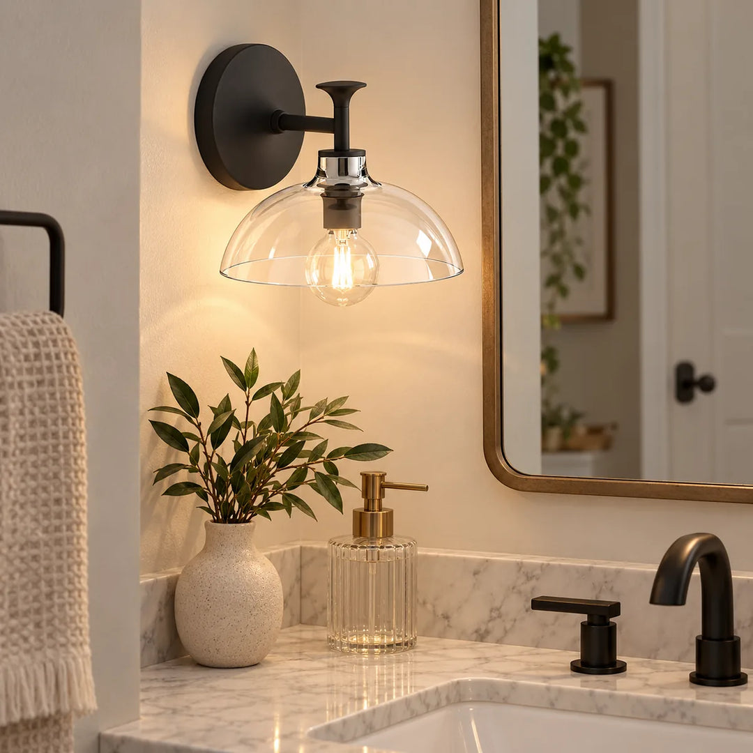 Narrow-Mirror Sconce with a Clear Dome
