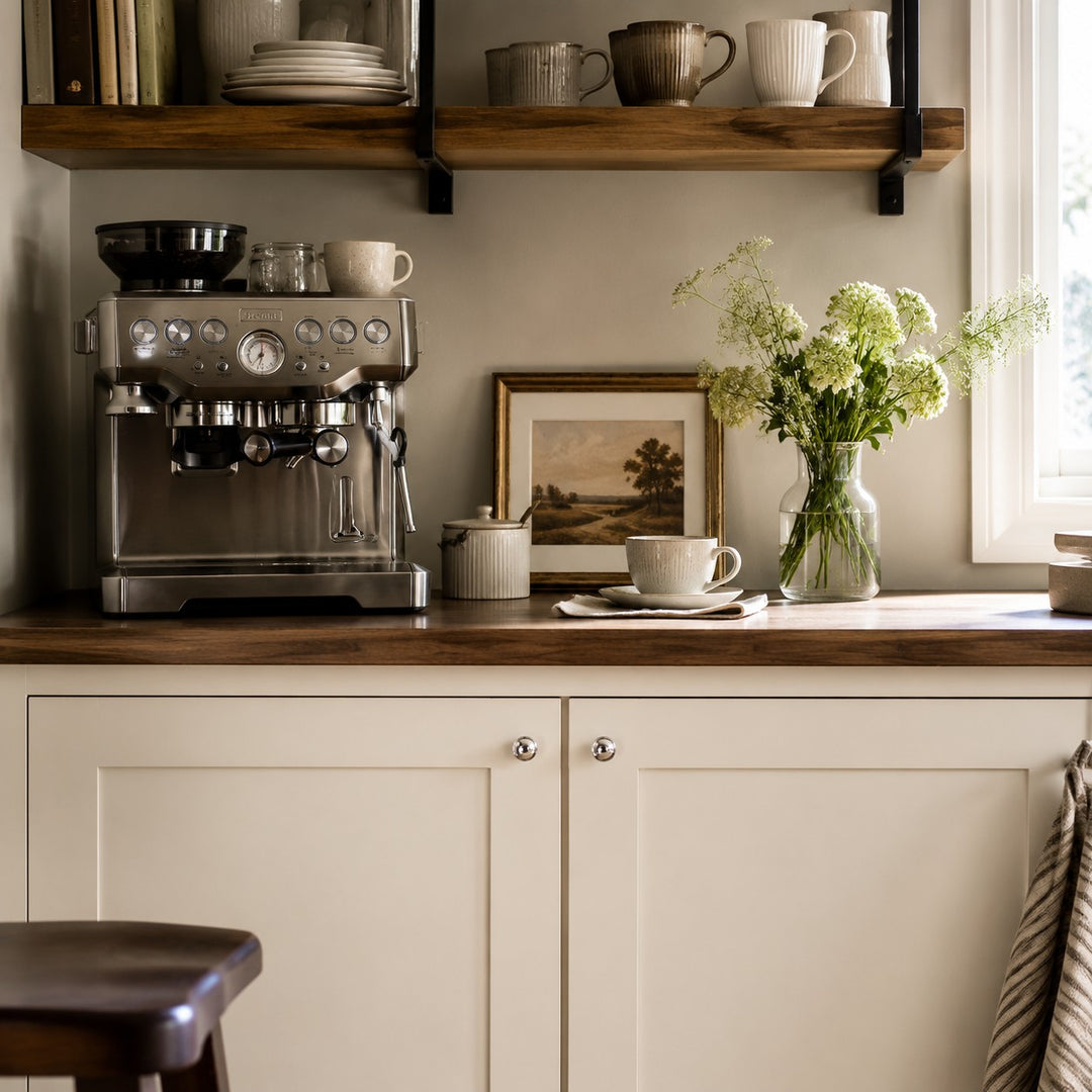 Silver gray cabinet knobs in a kitchen setting