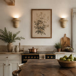 Charger l'image dans la visionneuse de galerie, Travertine wall sconces adding warm light to a rustic kitchen and dining wall