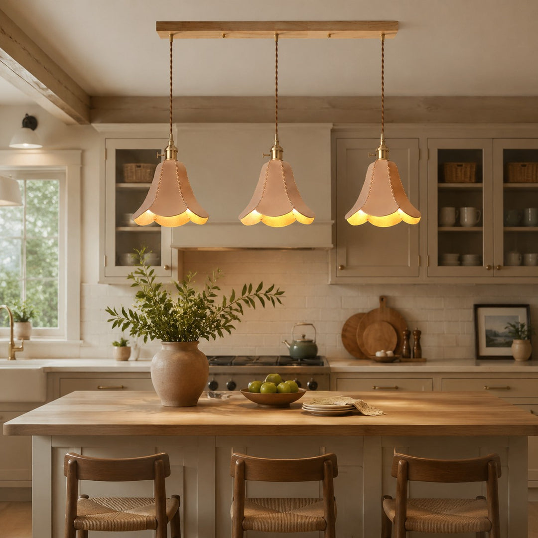 Natural triple pendant above a kitchen island