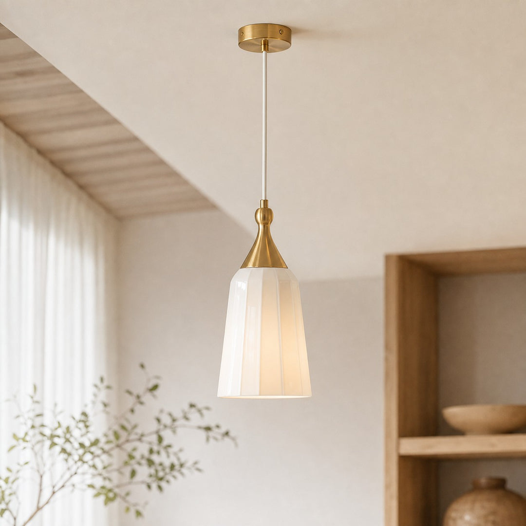 Tall shade white pendant chandelier in a room