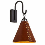 Cargar imagen en el visor de la Galería, Black wall sconce with red leather cone shade and gold rivets