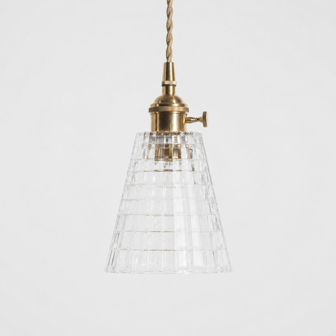 Style E textured glass shade with antique brass E27 socket, front view
