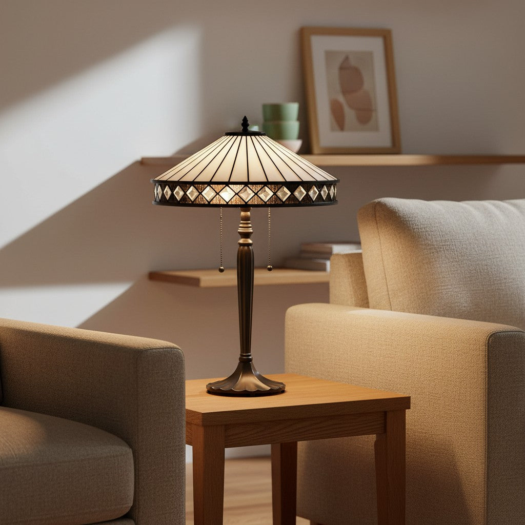 TF Geometric Stained Glass Table Lamp with Amber and Cream Panels – Tiffany Style Accent Lamp for Bedroom and Study