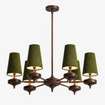 Load image into Gallery viewer, Hour Rho chandelier with green velvet shades, 6 lights