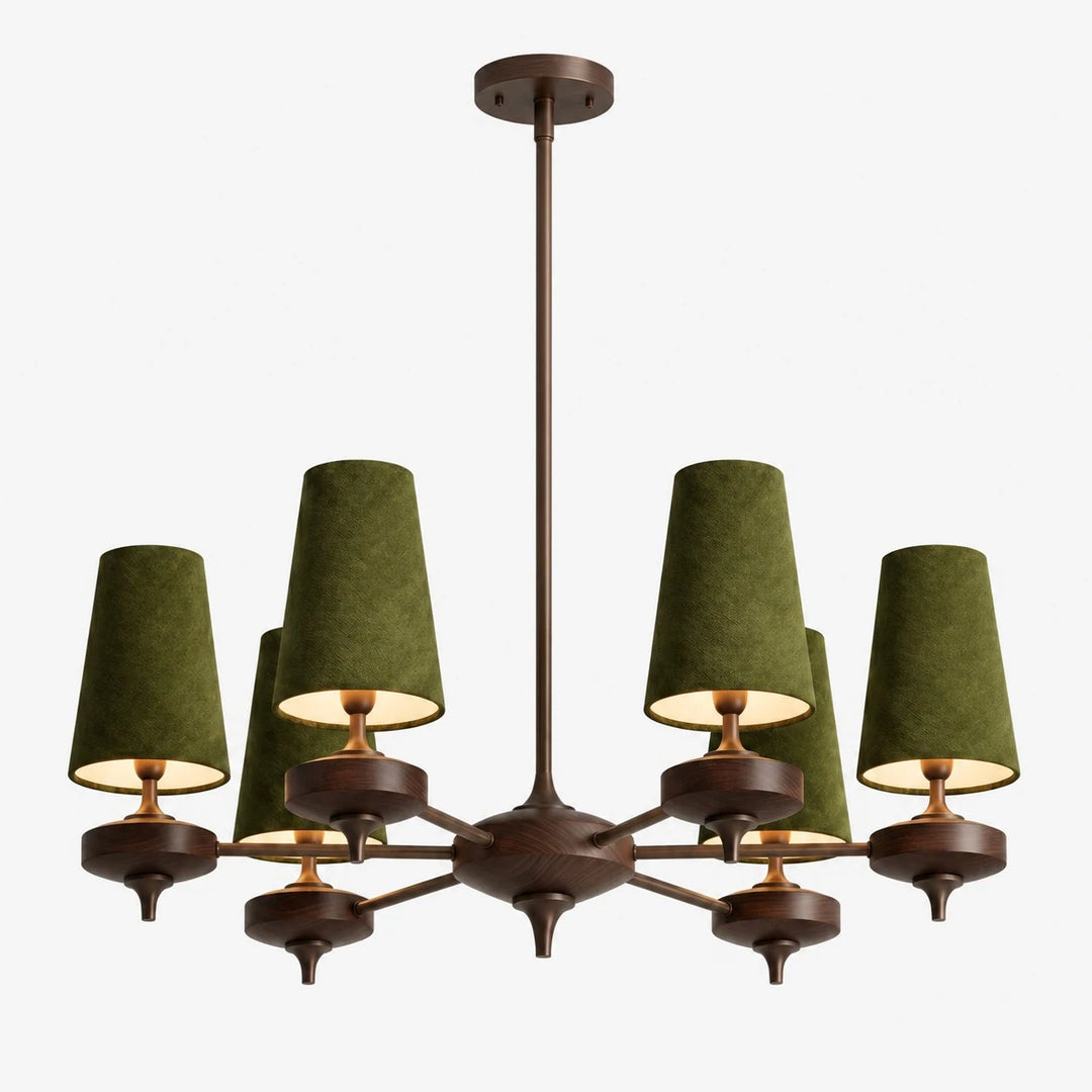 Hour Rho chandelier with green velvet shades, 6 lights