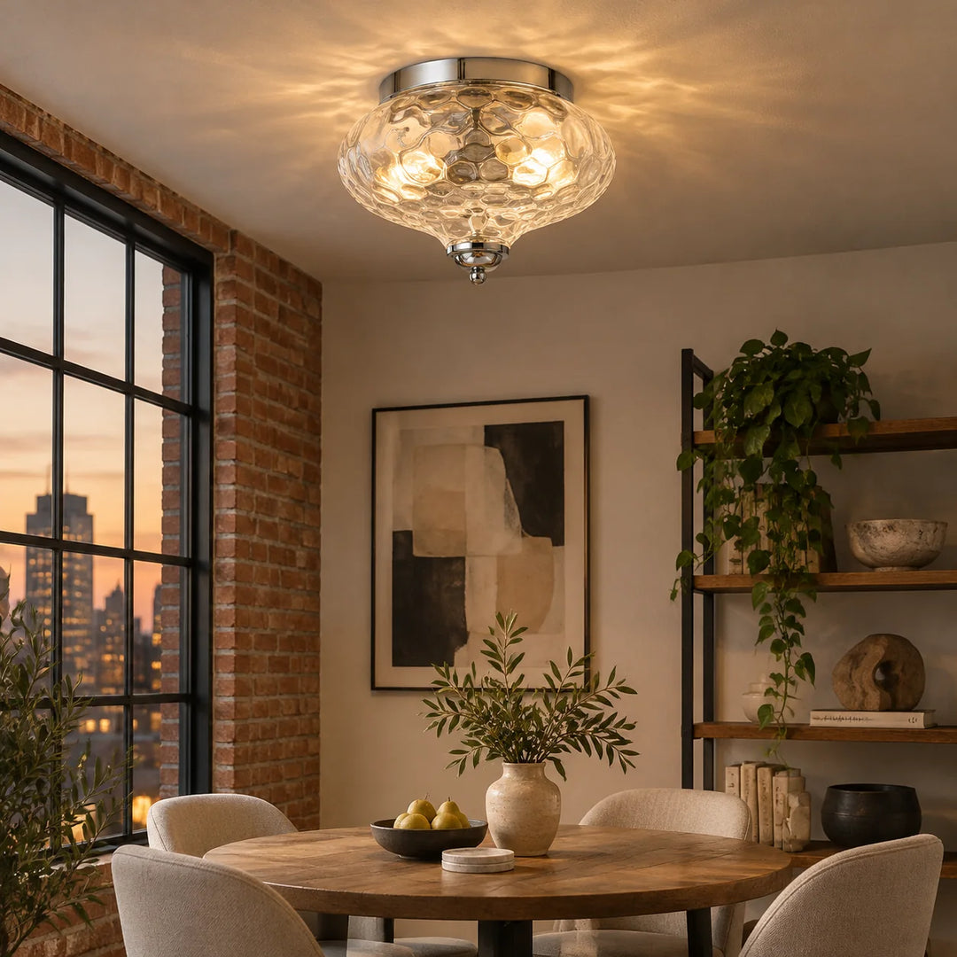 Two-Light Hammered Ceiling Light with a flush mount and a broad glass cover - New2609-1024580 interior scene