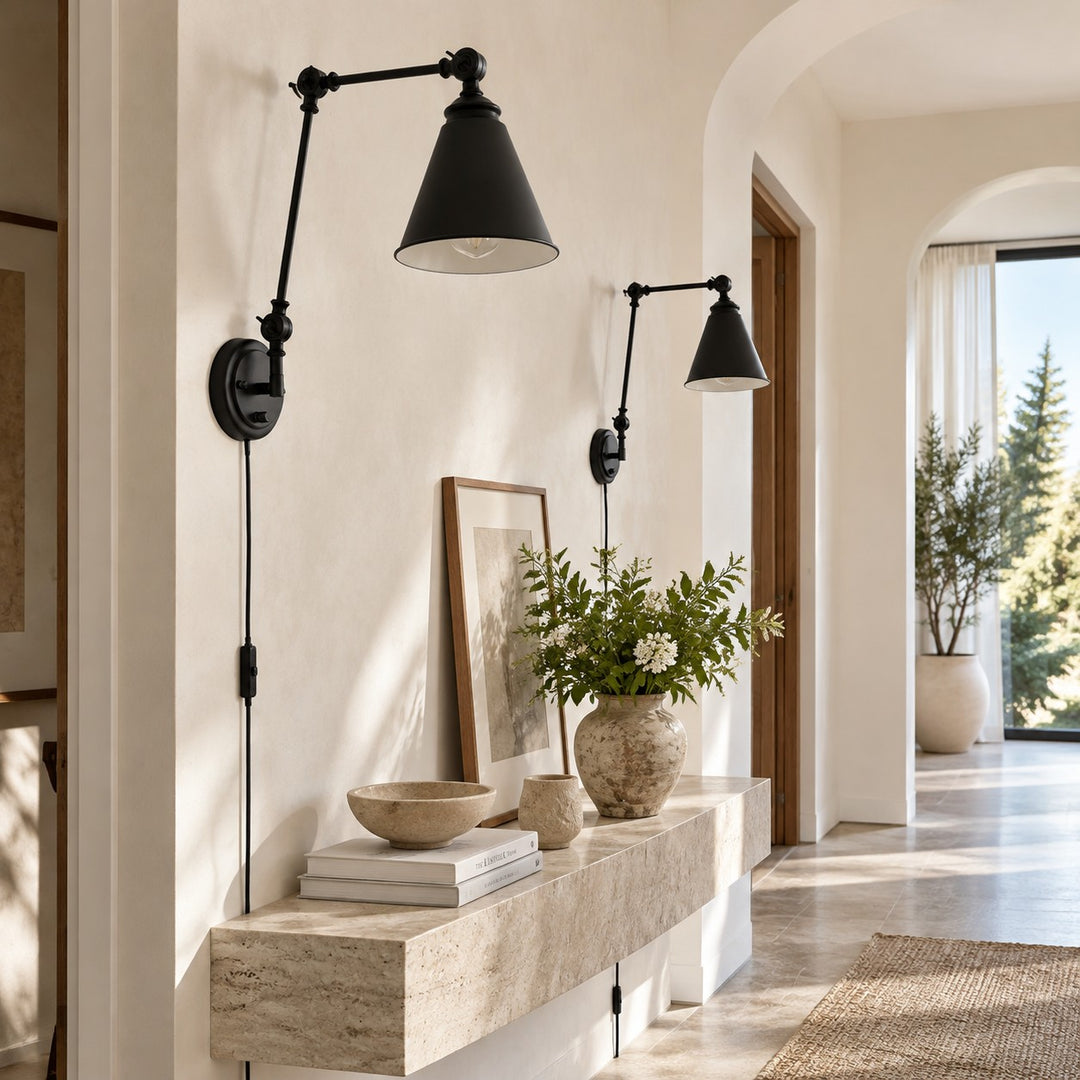 Set of 2 Adjustable Iron Swing-Arm Cone Shade Plug-In Wall Sconce