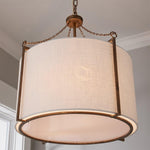 Load image into Gallery viewer, Antique Brass Carousel Chandelier with White Linen Drum Shade for Dining Room