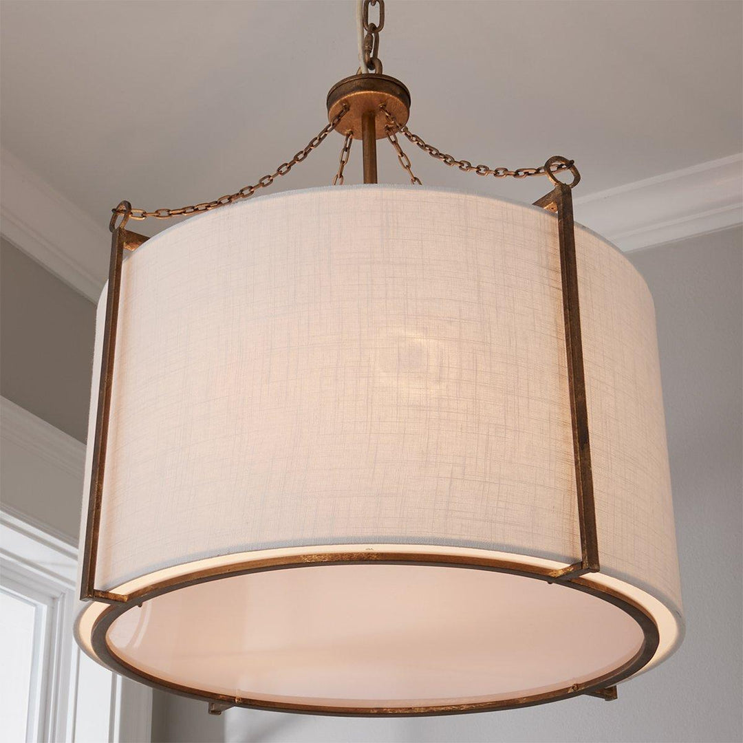 Antique Brass Carousel Chandelier with White Linen Drum Shade for Dining Room