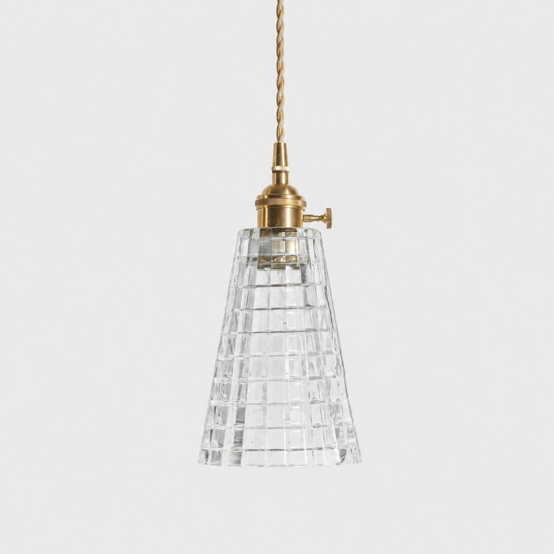 Style F textured glass shade with antique brass E27 socket, front view