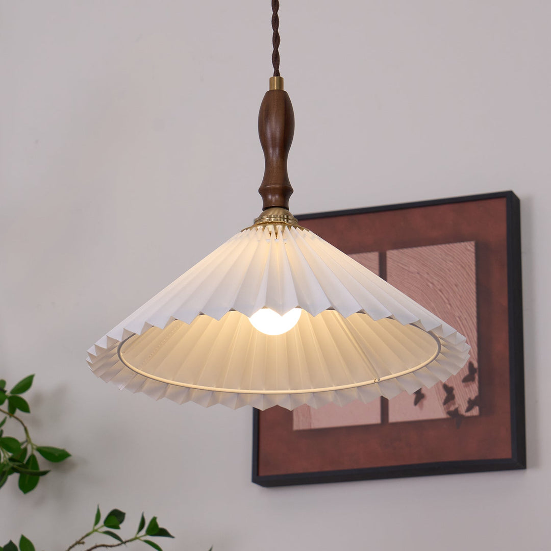 White Fabric Walnut Brass Plug-In Pendant