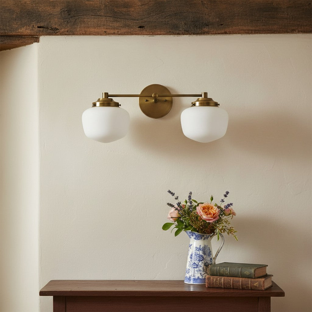Opalume Glass Art Deco Vanity Light - Bathroom Wall Sconce with White Glass Shades